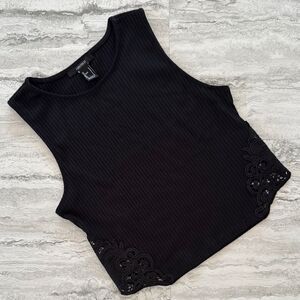 Black Ribbed Lace Bottom Cropped Top